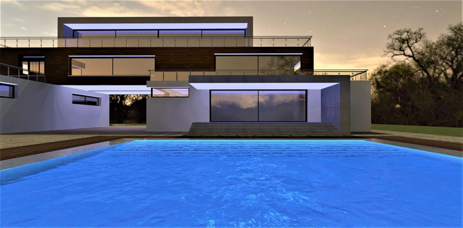 Blue swimming pool design on the territory of a stylish eco-friendly estate, built with innovative energy-efficient materials.